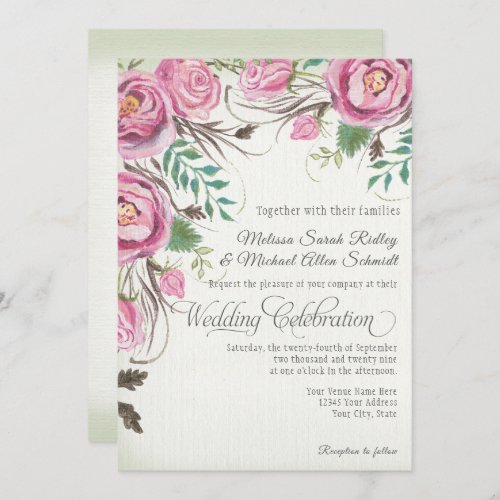 Elegant Wild Rose Floral Summer Fall Sage Wedding Invitation