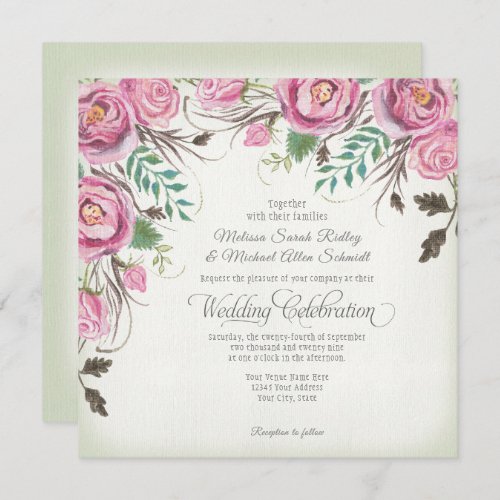 Elegant Wild Rose Floral Summer Fall Sage Wedding Invitation