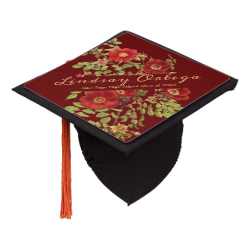 Elegant Wild Roses Script Personalized Crimson Graduation Cap Topper