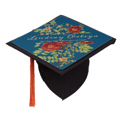 Elegant Wild Roses Script Personalized Graduation  Graduation Cap Topper