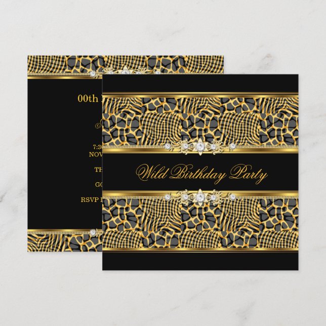 Elegant Wild Zebra Birthday Party Black Gold Invitation (Front/Back)