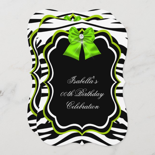 Elegant Wild Zebra Lime Green Diamond Party Invitation (Front/Back)