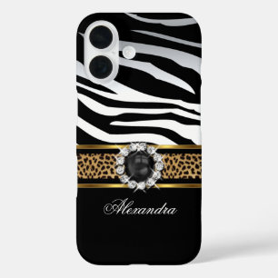 Elegant Wild Zebra Stripe Leopard Black Gold Pearl iPhone 16 Case