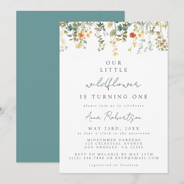 Elegant Wildflower 1st Birthday Invitation (Front/Back)