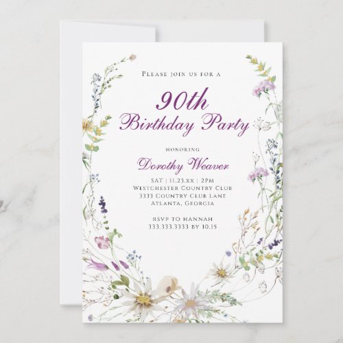 Elegant Wildflower 90th Birthday Party Invitation