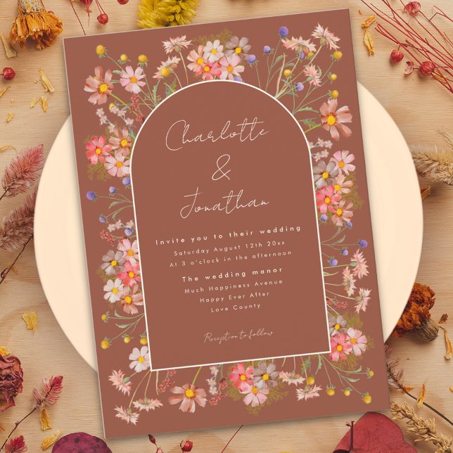 Elegant Wildflower Arch Burnt Orange Fall Wedding Invitation (Boho chic wildflower arch fall wedding invitation burnt Orange terracotta )
