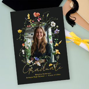 Elegant Wildflower Arch Graduate Party Black Gold Foil Invitation