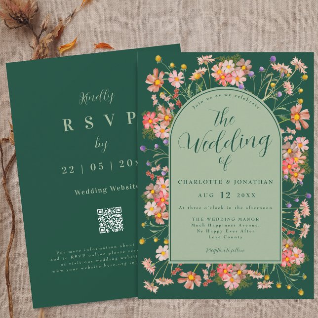Elegant Wildflower Arch Sage Green Wedding Invitation (Wildflower elegant floral arch emerald green sage green Wedding qr code invitation)