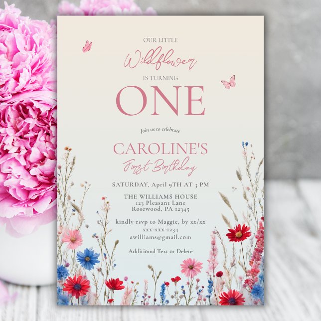 Elegant Wildflower Baby Girl 1st Birthday Invitation (Creator Uploaded)