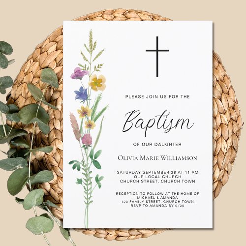 Elegant Wildflower Baptism  Invitation