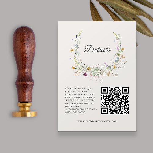 Elegant Wildflower Beige Wedding QRcode Details Enclosure Card