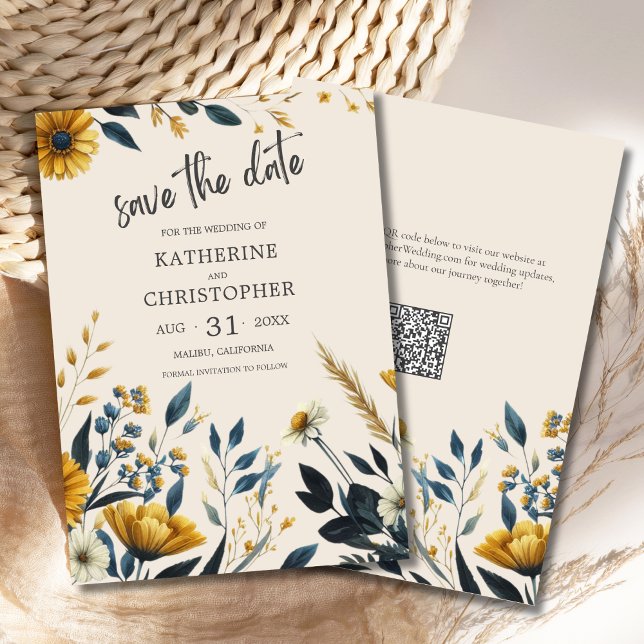 Elegant Wildflower Beige Wedding Save The Date (Watercolor Wildflowers Elegant Beige Save the Date Card with Blue & Yellow Wildflowers, QR Code.)