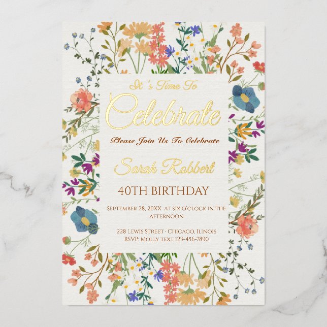 Elegant Wildflower Birthday Invitation  Foil Invitation (Front)