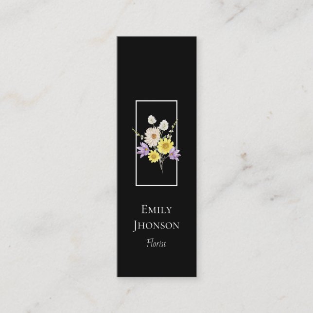 Elegant Wildflower Black Mini Business Card (Front)