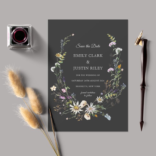 Elegant Wildflower Black Save the Date Wedding Invitation (Creator Uploaded)