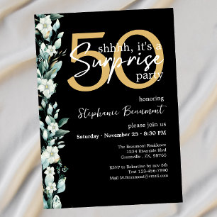 Elegant Wildflower Black Surprise 50th Birthday  Invitation