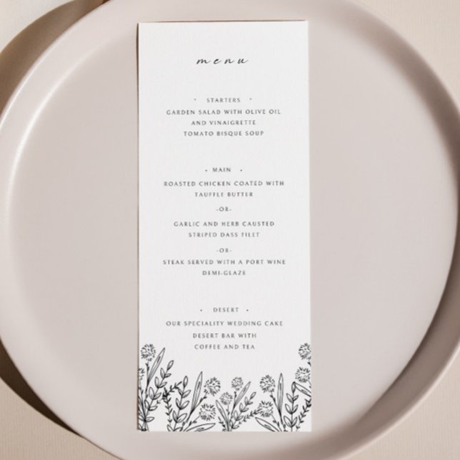 Elegant Wildflower Black White Wedding Dinner Menu (Creator Uploaded)