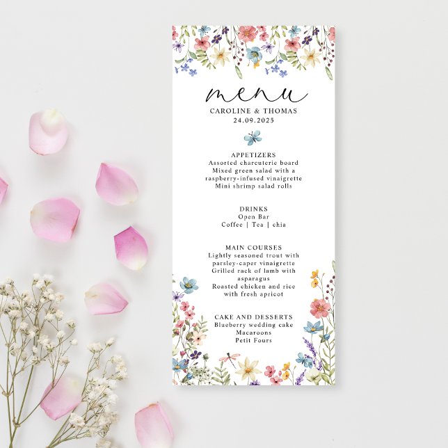 Elegant Wildflower Bloom Romantic Script Wedding Menu (Creator Uploaded)