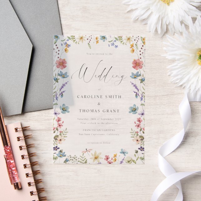 Elegant Wildflower Bloom Romantic Script Wedding Vellum Invitations (Wedding)