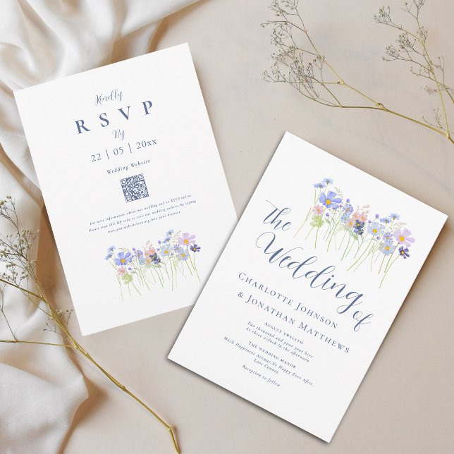 Elegant Wildflower Blue Blush Pink QR Code Invitation (Modern wildflower boho watercolor floral blue pink wedding qr code invitation)