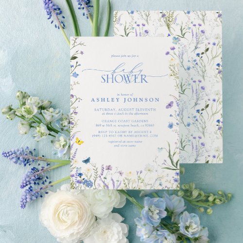 Elegant Wildflower Blue Gender Neutral Baby Shower Invitation