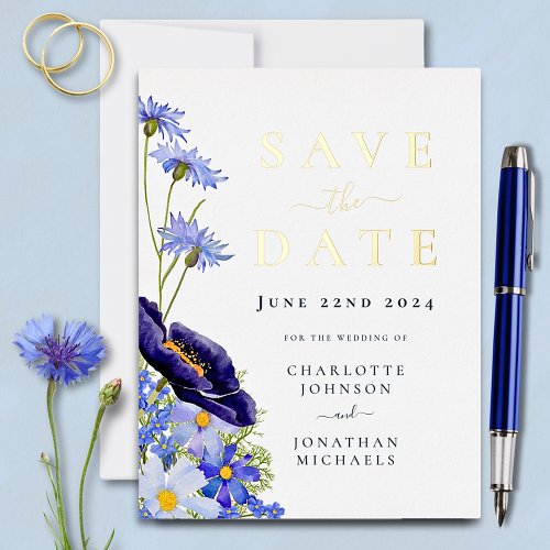 Elegant Wildflower Blue Gold foil Wedding Foil Invitation Postcard
