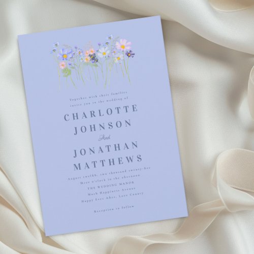 Elegant Wildflower Blue Pink Floral Wedding Invitation