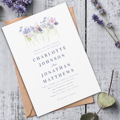 Elegant Wildflower Blue Pink Floral Wedding Invitation