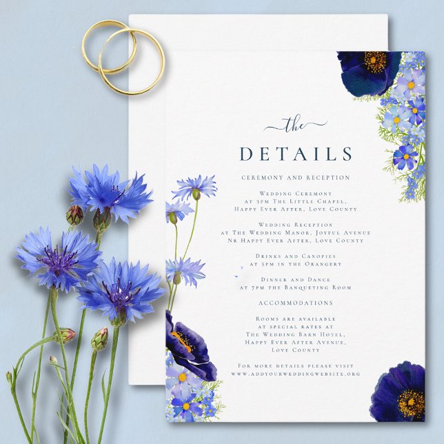 Elegant Wildflower Blue Wedding Details Enclosure Card (Elegant wildflower watercolor summer floral blue wedding details card with modern typography script)