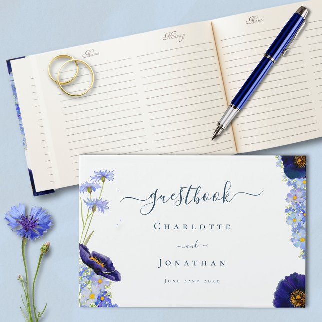 Elegant Wildflower Blue Wedding Guest Book (Elegant blue summer floral watercolor wildflowers stylish typography script wedding guest book)