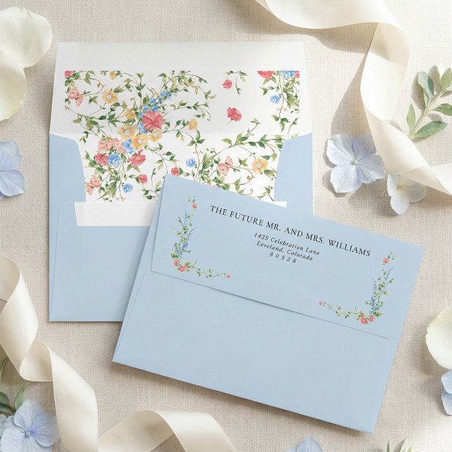 Elegant Wildflower Blue Wedding Return Address Envelope (Creator Uploaded)