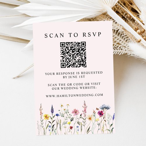 Elegant Wildflower Blush Pink QR Code Wedding RSVP Enclosure Card