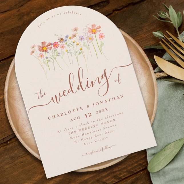 Elegant Wildflower Boho Beige Terracotta Wedding Invitation (Elegant Wildflower boho fall floral beige Wedding arch invitation whimsical Elegant modern script)