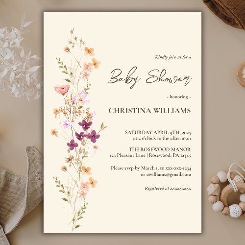 Elegant Wildflower Boho Beige Yellow Baby Shower Invitation