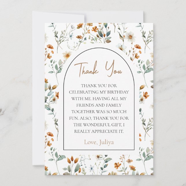 Elegant wildflower boho birthday  thank you card (Front)