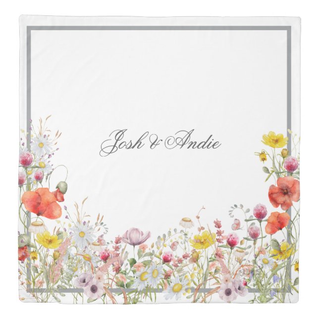 Elegant Wildflower Boho Custom Script Names Queen Duvet Cover (Front)
