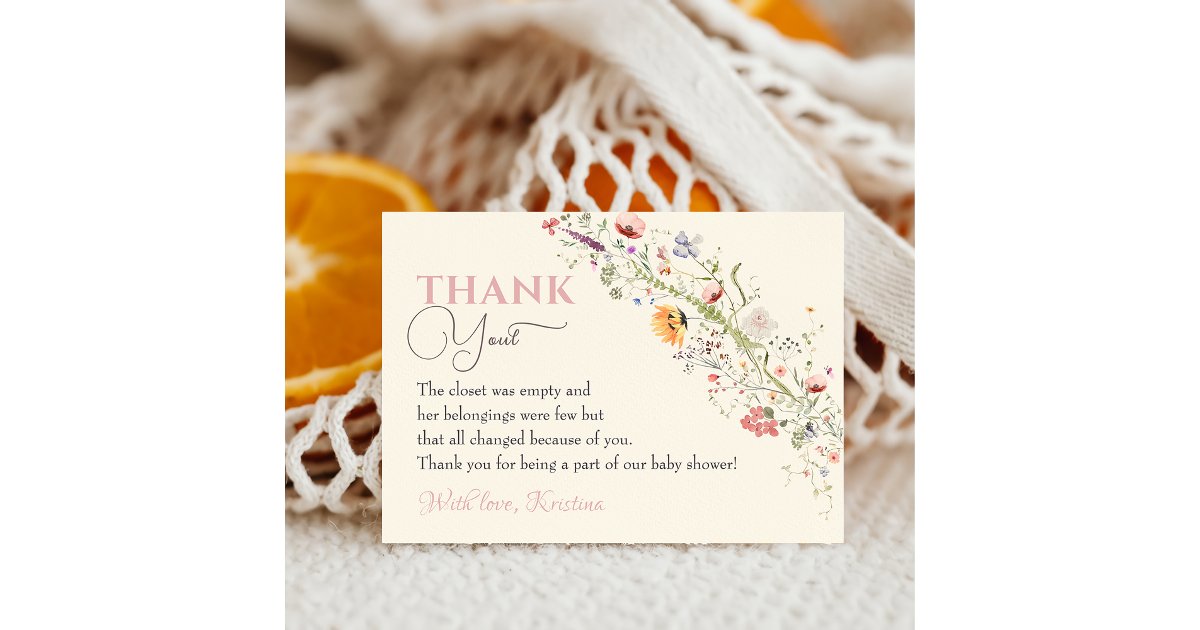 Elegant Wildflower Boho Floral Baby Shower Thank You Card | Zazzle