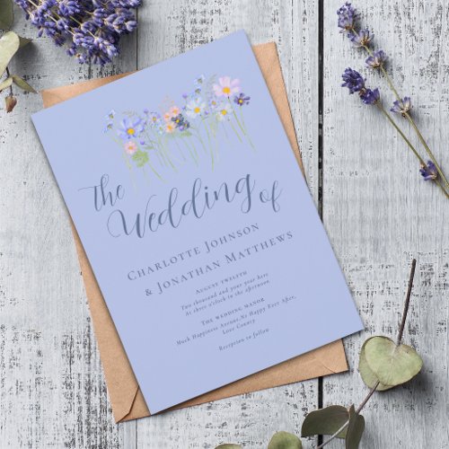 Elegant Wildflower Boho Floral Blue &amp; Pink Wedding Invitation