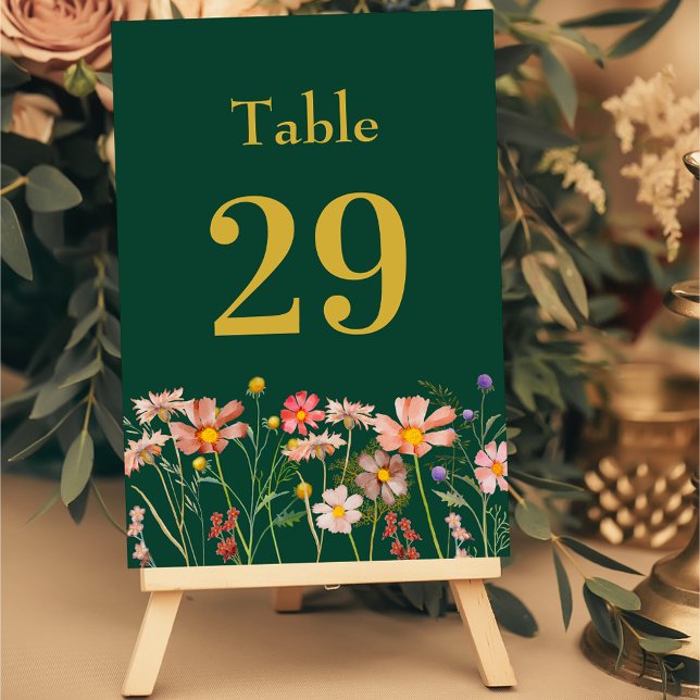 Elegant Wildflower Boho Floral Green Gold Wedding Table Number (Wildflower boho fall floral green terracotta gold Wedding table card watercolor garden meadow flower)