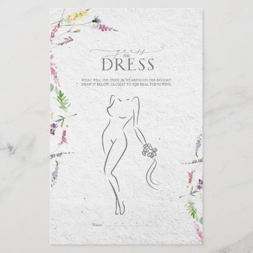 Elegant Wildflower Botanical Bridal Shower Game - Modern, elegant bridal shower game "guess the dress" featuring watercolor wildflower motifs in soft shades of blush pink, lilac and lavender, yellows, blues and delicate green botanical leaves. Part of a co-ordinated suite. View suite here: https://www.zazzle.com/collections/elegant_wildflower_watercolor_floral_bridal_shower-119635760261893795 Contact designer for matching products. Copyright Anastasia Surridge for Elegant Invites, all rights reserved.