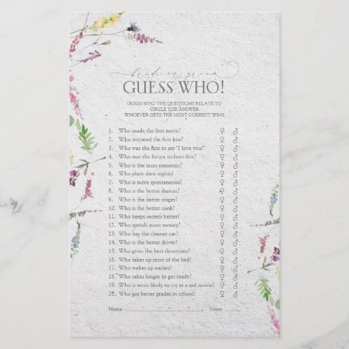 Elegant Wildflower Botanical Bridal Shower Game