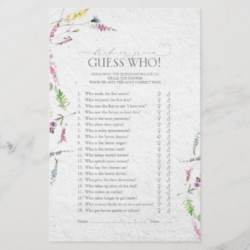 Elegant Wildflower Botanical Bridal Shower Game - Modern, elegant bridal shower game "Guess Who" featuring watercolor wildflower motifs in soft shades of blush pink, lilac and lavender, yellows, blues and delicate green botanical leaves. Personalize your questions in soft off-black, accented with beautiful modern hand lettered calligraphy. Part of a co-ordinated suite. View suite here: https://www.zazzle.com/collections/elegant_wildflower_watercolor_floral_bridal_shower-119635760261893795 Contact designer for matching products. Copyright Anastasia Surridge for Elegant Invites, all rights reserved.
