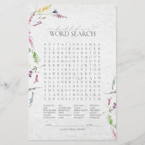 Elegant Wildflower Botanical Bridal Shower Game - Modern, elegant bridal shower game "Word Search" featuring watercolor wildflower motifs in soft shades of blush pink, lilac and lavender, yellows, blues and delicate green botanical leaves. Part of a co-ordinated suite. View suite here: https://www.zazzle.com/collections/elegant_wildflower_watercolor_floral_bridal_shower-119635760261893795 Contact designer for matching products. Copyright Anastasia Surridge for Elegant Invites, all rights reserved.
