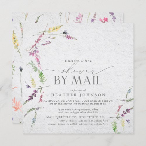 Elegant Wildflower Bridal Script Shower By Mail Invitation - Shower the bride-to-be with love through a virtual shower by mail! If you have to cancel your bridal shower, due to unforeseen circumstances, this shower by mail invitation is the perfect solution! Modern, elegant square bridal shower invitation featuring watercolor wildflower motifs in soft shades of blush pink, lilac and lavender, yellows, blues and delicate green botanical leaves. Personalize your bridal shower details in soft off-black, accented with beautiful modern hand lettered calligraphy. Copyright Elegant Invites, all rights reserved.