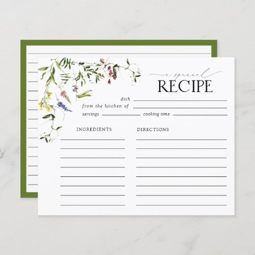 Elegant Wildflower Bridal Shower Recipe Card