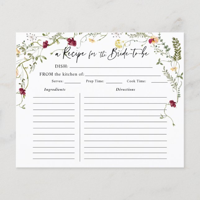 Elegant Wildflower Bridal Shower Recipe Card (Front)