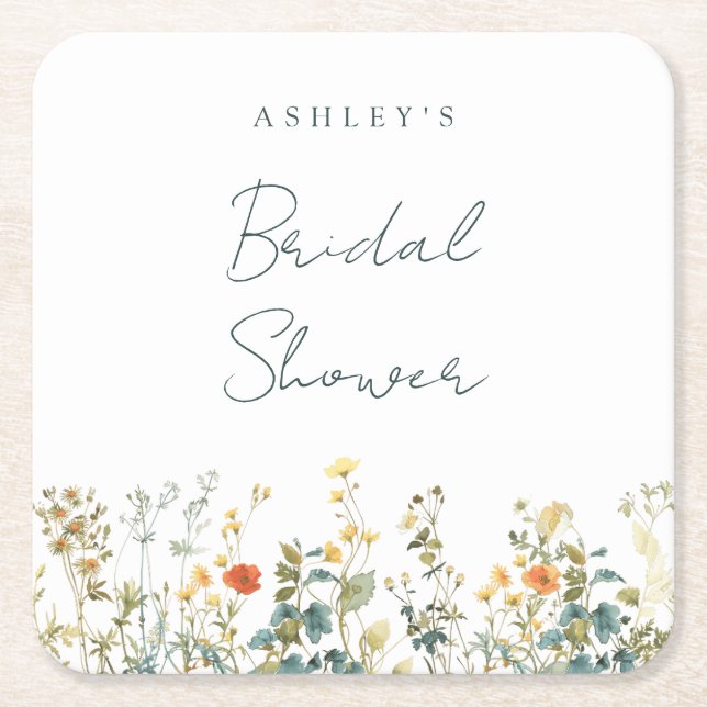 Elegant Wildflower Bridal Shower Square Paper Coaster (Front)