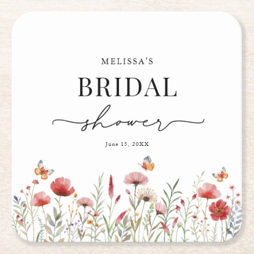 Elegant Wildflower Bridal Shower Square Paper Coaster