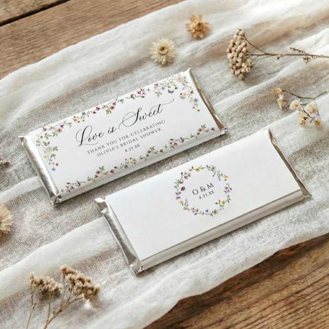 Elegant Wildflower Bridal Shower Thank You Hershey Bar Favors (Hershey candy bar wrap favors with watercolor wildflowers and elegant love is sweet calligraphy)