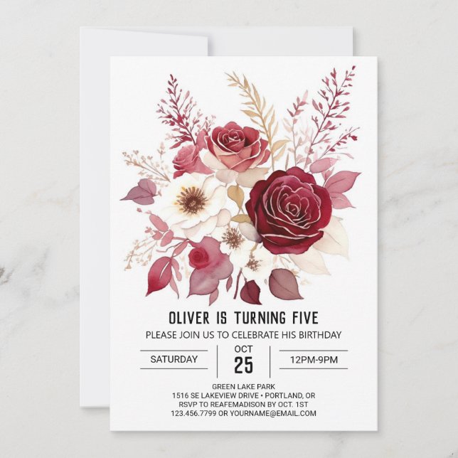 Elegant Wildflower Burgundy Floral Birthday Invitation (Front)